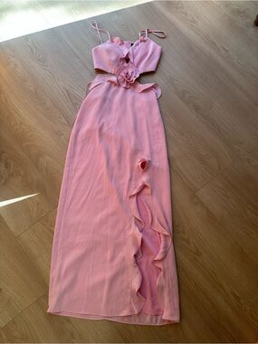Pink Floral Cutout Maxi Dress with Ruffle Detail